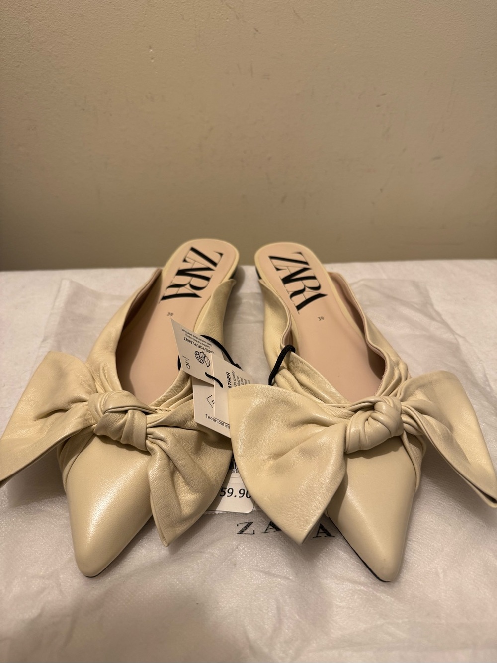 NWT Zara Cream Leather Bow Pointed Toe Mules Flats 39